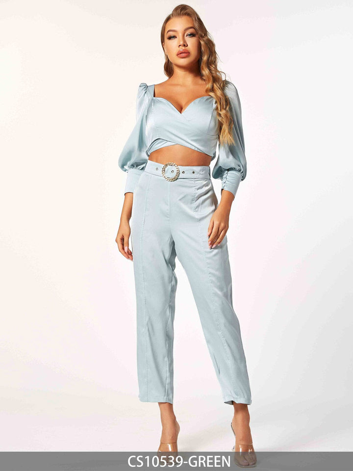 WOMEN'S 3/4 SLEEVE CROP TOP & BELTED PANTS 2PC. SET