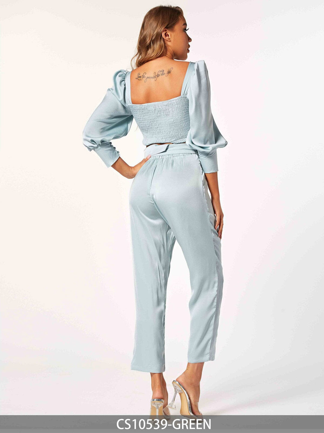 WOMEN'S 3/4 SLEEVE CROP TOP & BELTED PANTS 2PC. SET