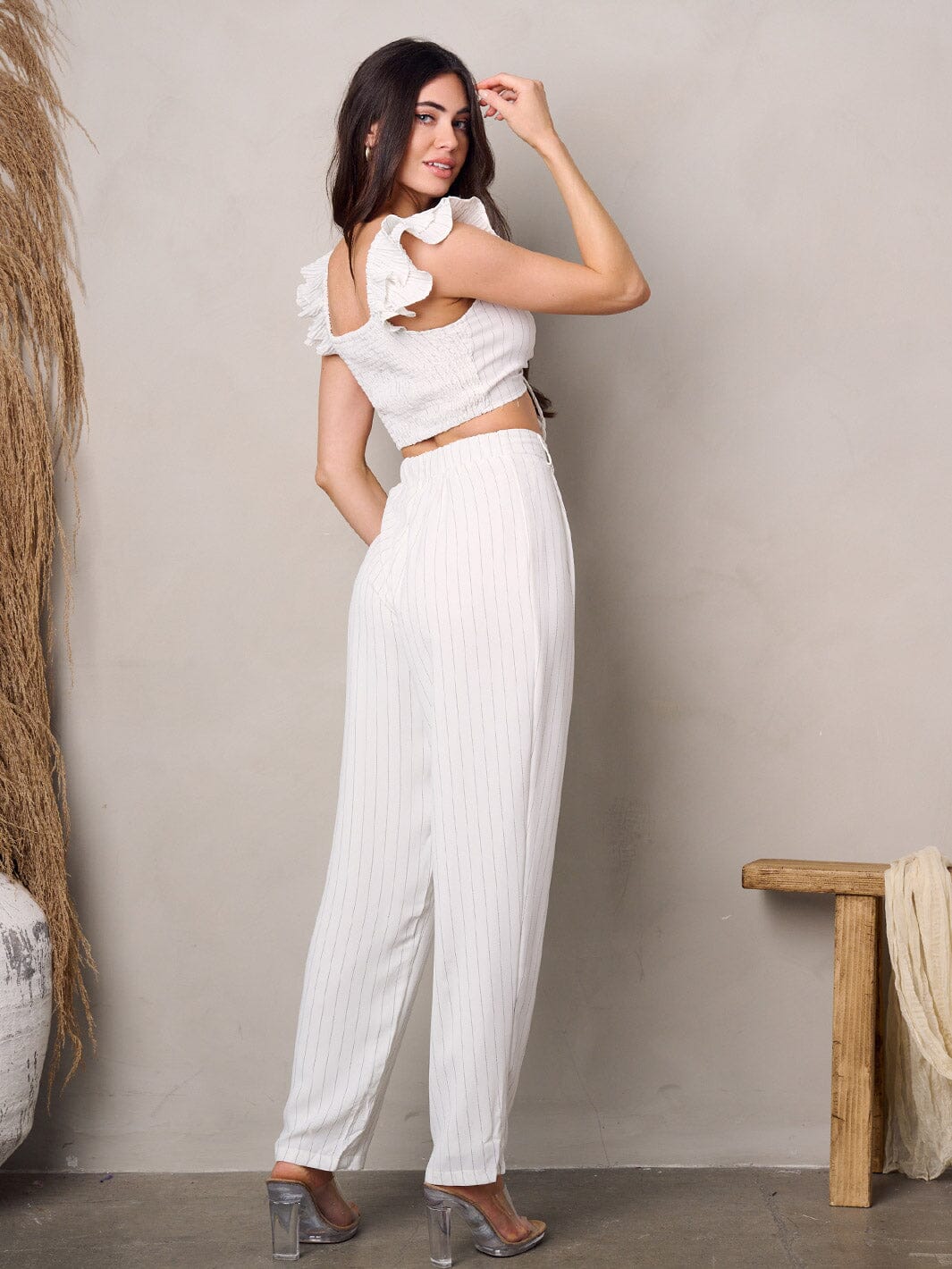 WOMEN'S RUFFLE CROP TOP & PANTS STRIPES SETS