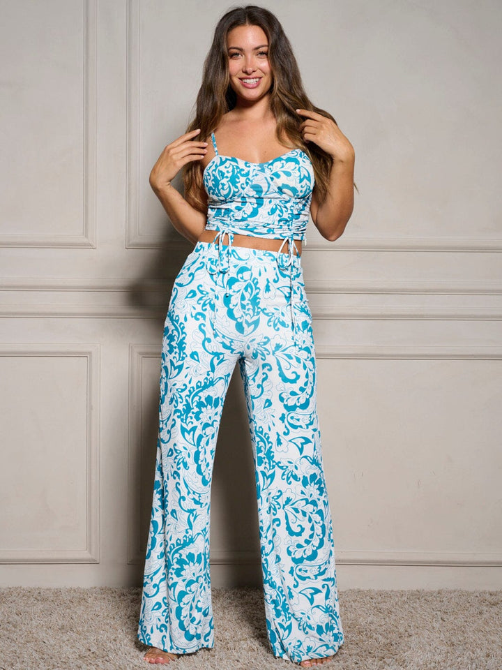 WOMEN'S RUCHED CROP TOP & WIDE LEG PANTS PRINTED 2PC. SET