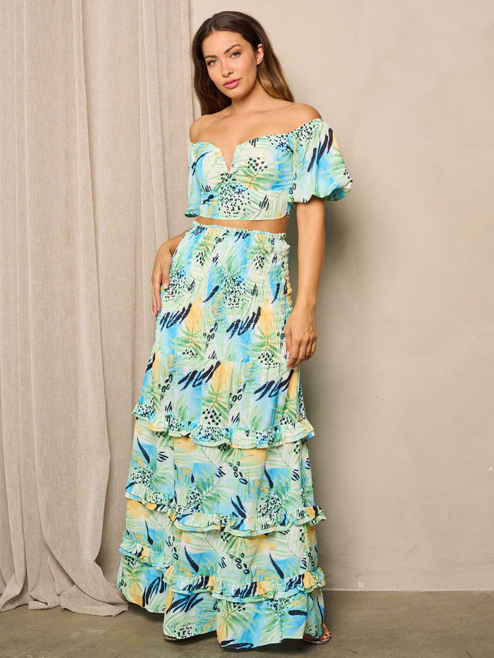 WOMEN'S SHORT SLEEVE CROP TOP & MAXI RUFFLE SKIRT 2PC. SET