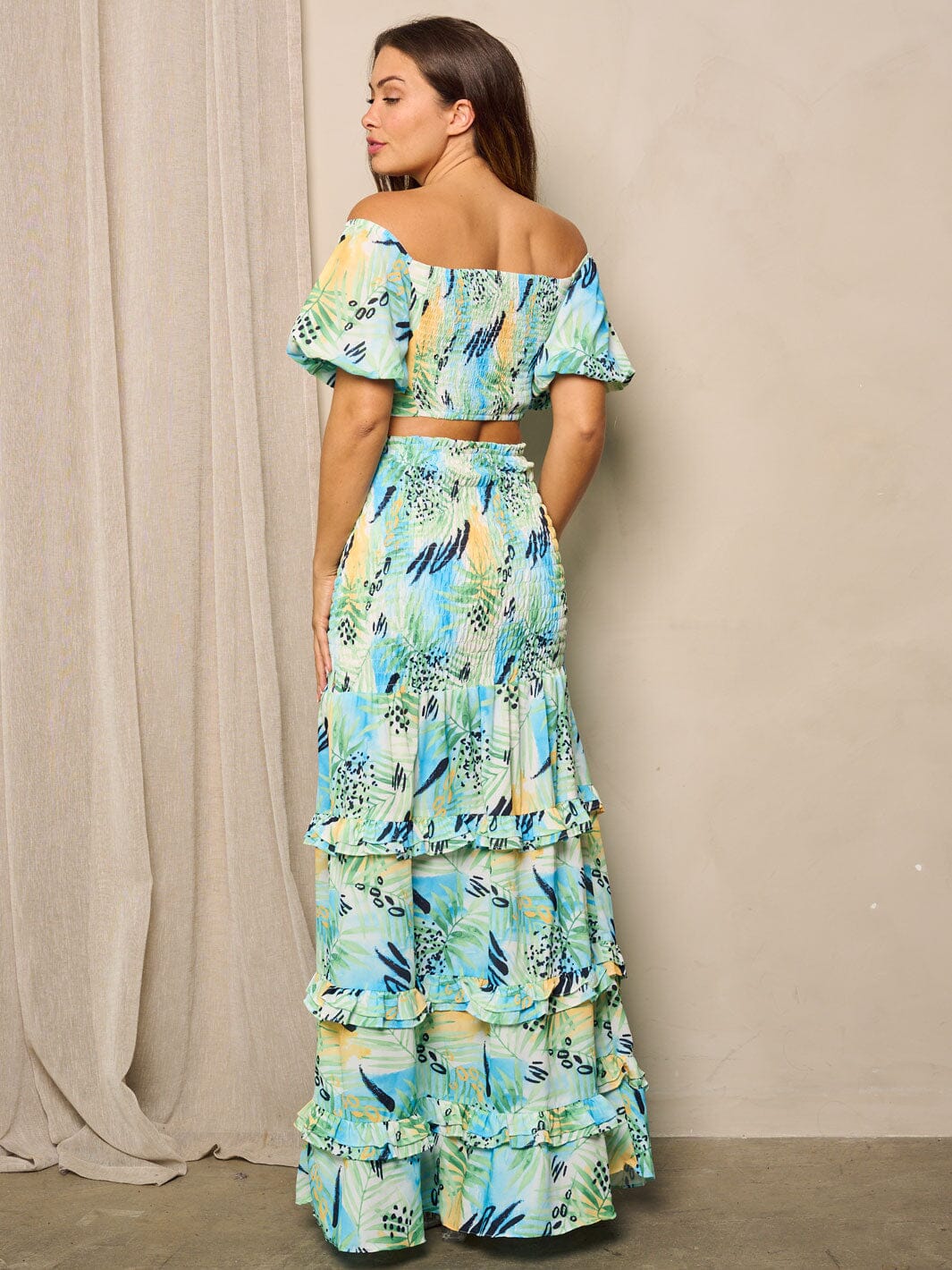 WOMEN'S SHORT SLEEVE CROP TOP & MAXI RUFFLE SKIRT 2PC. SET