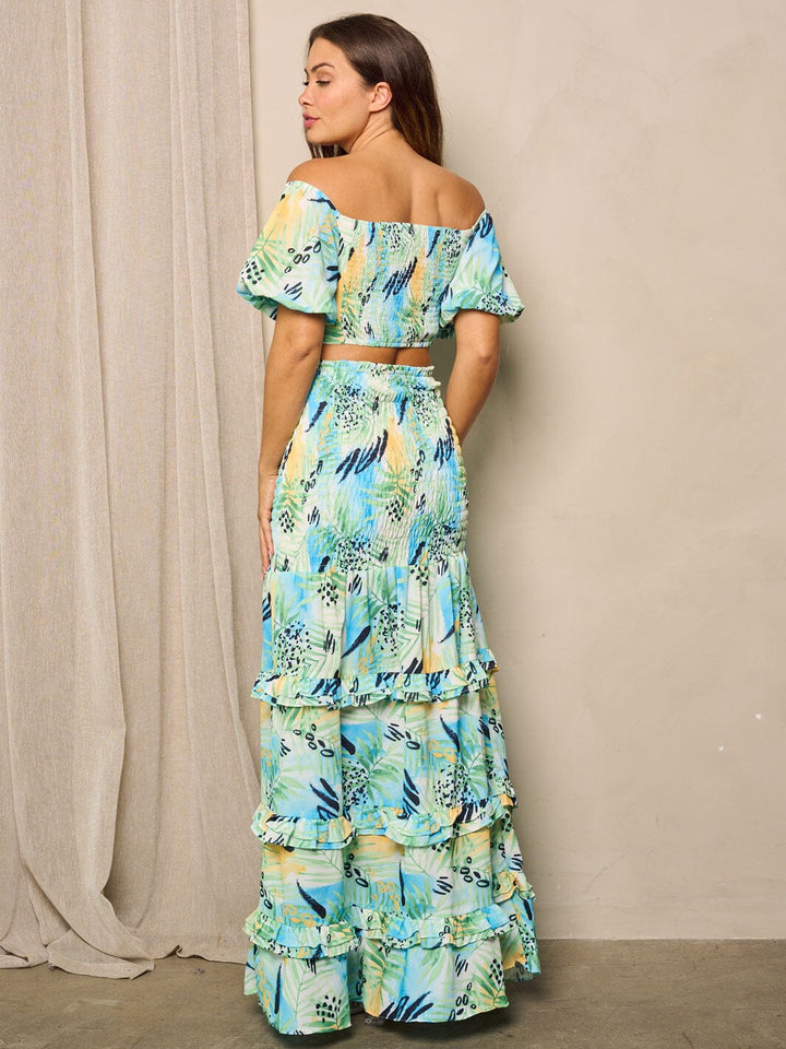 WOMEN'S SHORT SLEEVE CROP TOP & MAXI RUFFLE SKIRT 2PC. SET