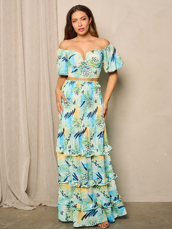 WOMEN'S SHORT SLEEVE CROP TOP & MAXI RUFFLE SKIRT 2PC. SET