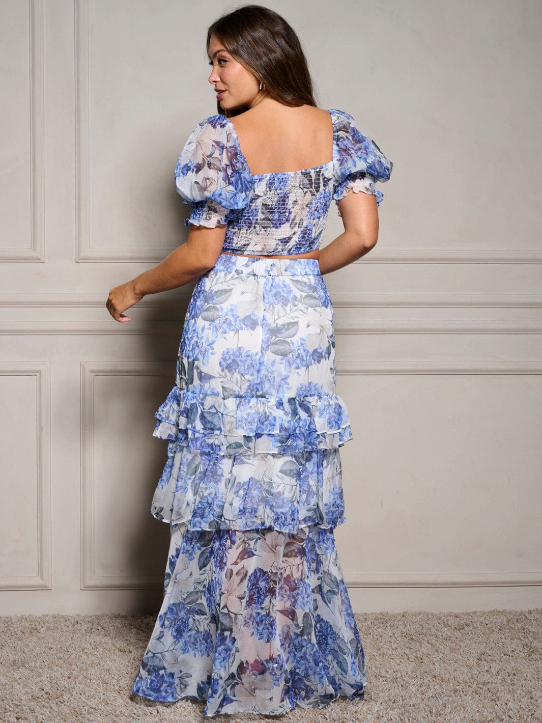WOMEN'S SHORT SLEEVE CROP TOP & RUFFLE SKIRT FLORAL 2PC. SET