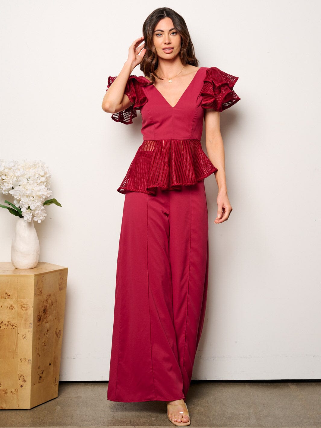 WOMEN'S RUFFLE SLEEVE TOP & WIDE LEG PANTS 2PC. SET