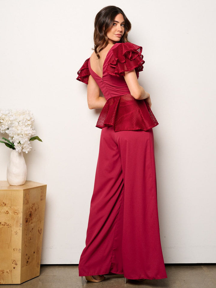 WOMEN'S RUFFLE SLEEVE TOP & WIDE LEG PANTS 2PC. SET