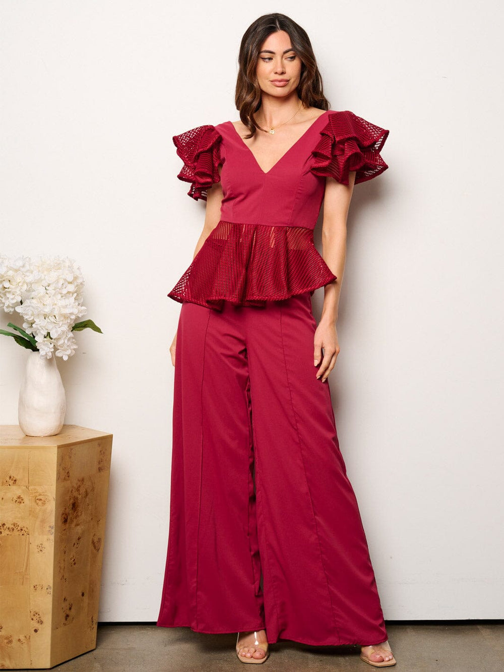 WOMEN'S RUFFLE SLEEVE TOP & WIDE LEG PANTS 2PC. SET