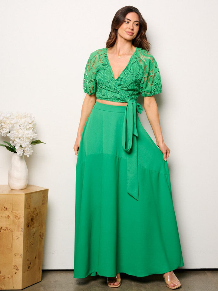 WOMEN'S SHORT SLEEVE EYELET CROP TOP & MAXI SKIRT 2PC. SET