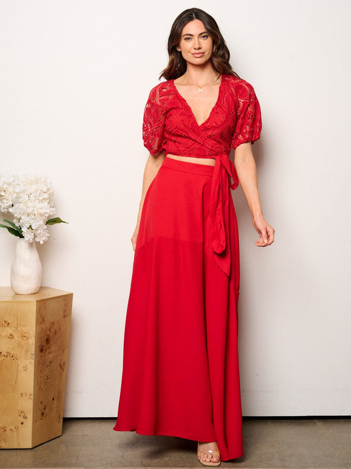 WOMEN'S SHORT SLEEVE EYELET CROP TOP & MAXI SKIRT 2PC. SET