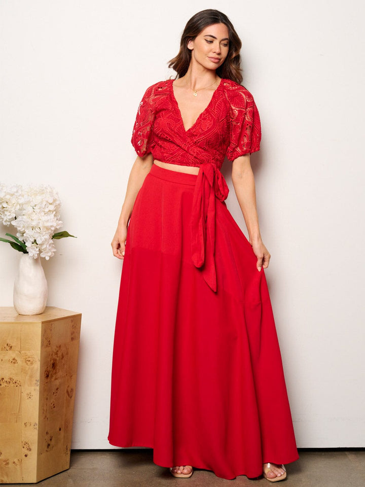 WOMEN'S SHORT SLEEVE EYELET CROP TOP & MAXI SKIRT 2PC. SET