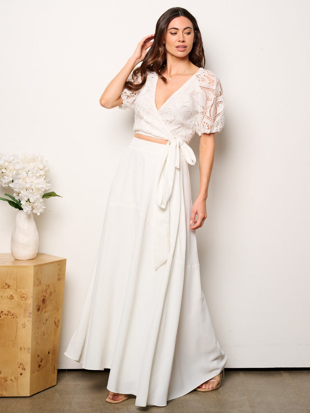 WOMEN'S SHORT SLEEVE EYELET CROP TOP & MAXI SKIRT 2PC. SET