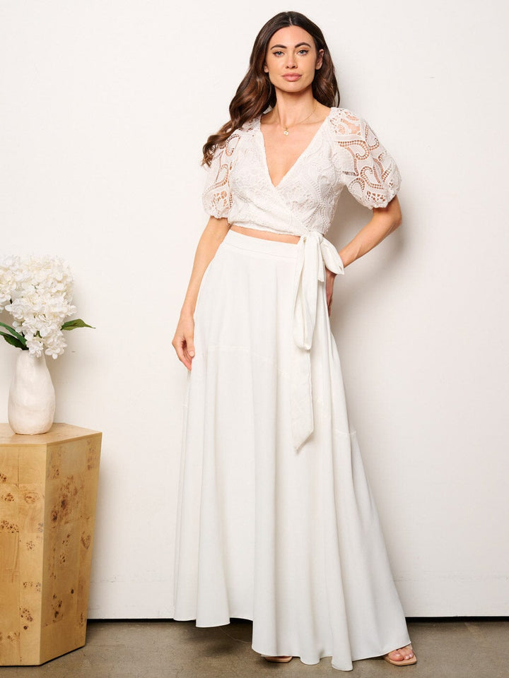 WOMEN'S SHORT SLEEVE EYELET CROP TOP & MAXI SKIRT 2PC. SET