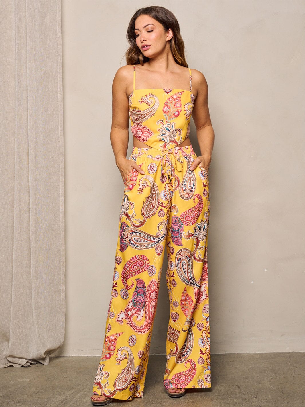WOMEN'S SLEEVELESS CROP TOP & WIDE LEG PANTS PAISLEY PRINT 2PC.SET