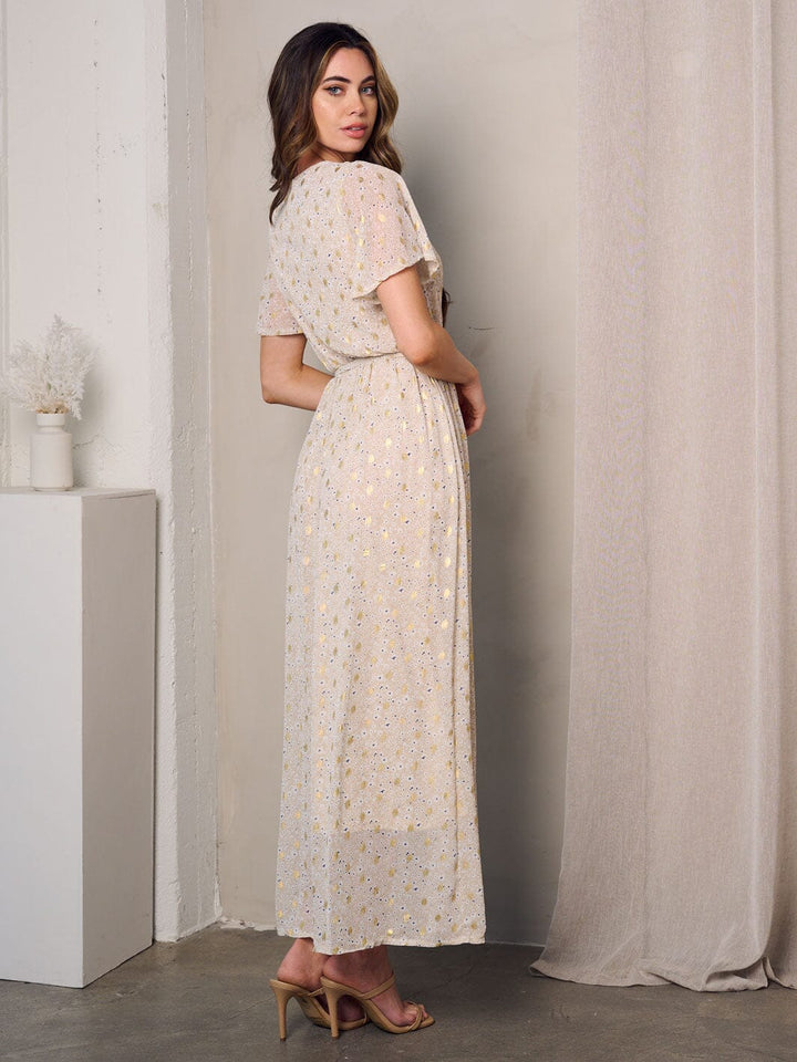 WOMEN'S SHORT SLEEVE SURPLICE SHIMMER DETAILED FLORAL MAXI DRESS