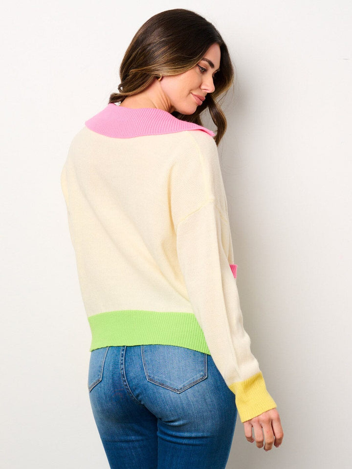 WOMEN'S LONG SLEEVE V-NECK COLORBLOCK PULLOVER SWEATER