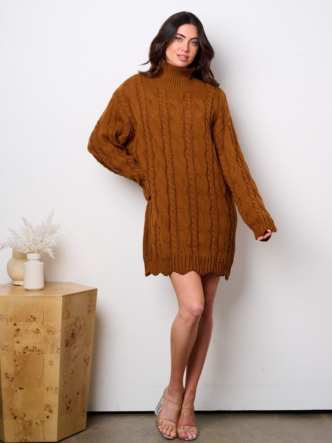 WOMEN'S LONG SLEEVE TURTLE NECK KNIT SWEATER MINI DRESS