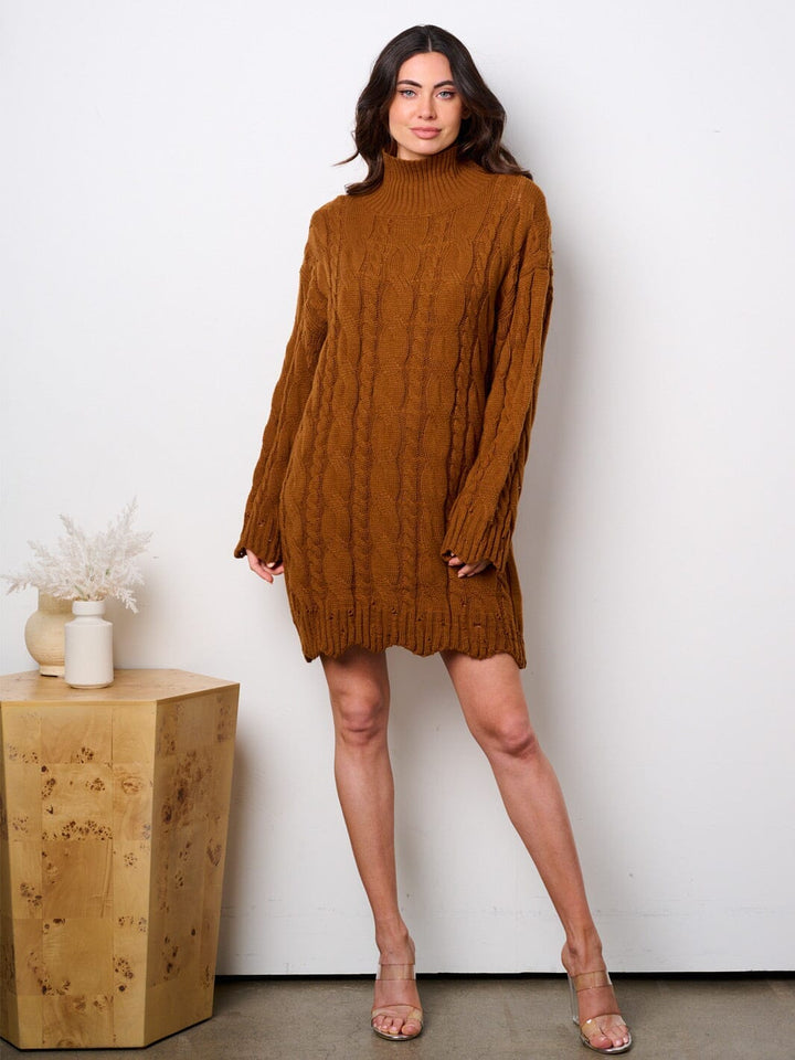 WOMEN'S LONG SLEEVE TURTLE NECK KNIT SWEATER MINI DRESS