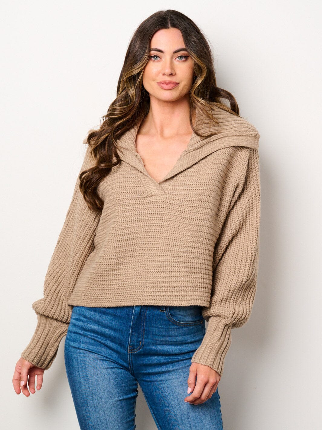 WOMEN'S LONG SLEEVE V-NECK COLLAR PULLOVER SWEATER