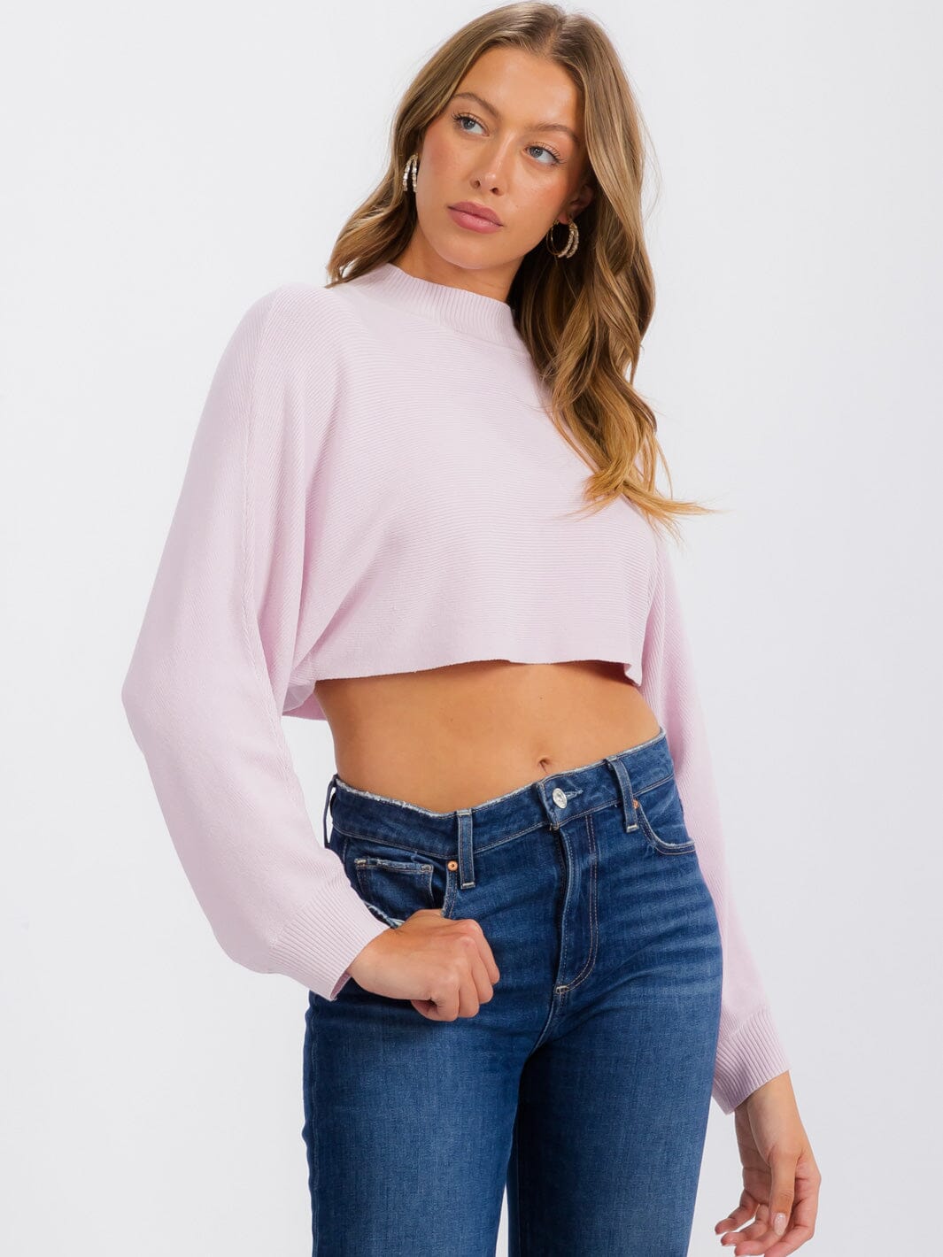 WOMEN'S LONG SLEEVE MOCK NECK KNIT CROP TOP