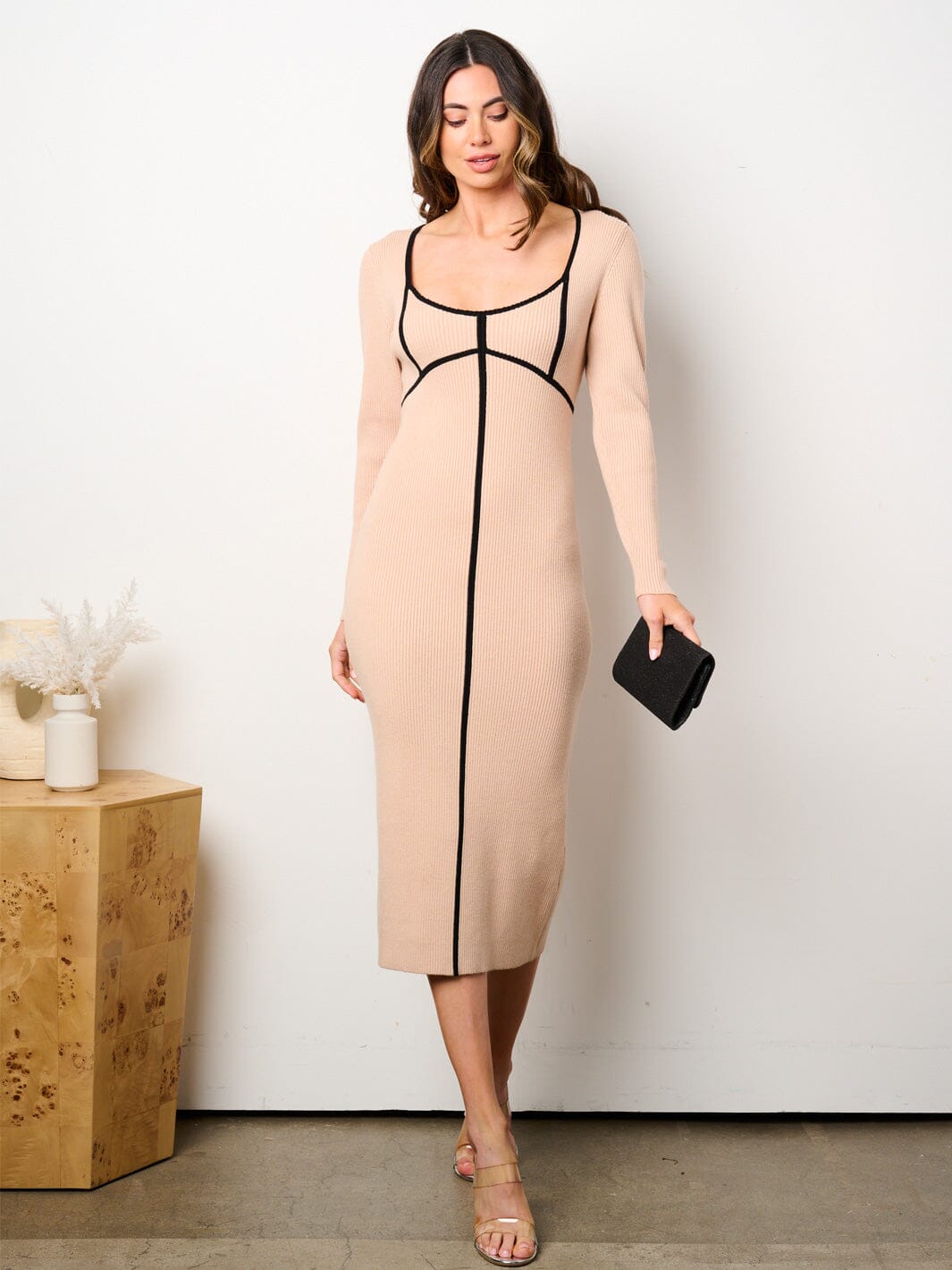WOMEN'S LONG SLEEVE RIBBED BODYCON MIDI DRESS