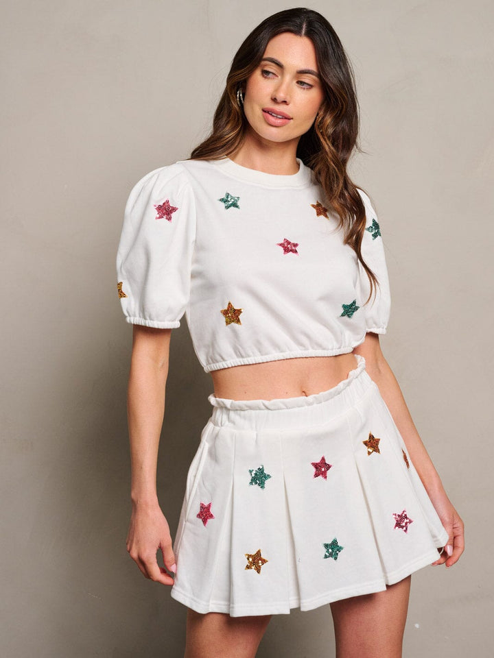 WOMEN'S SHORT PUFF SLEEVE SEQUINS STARS CROP TOP