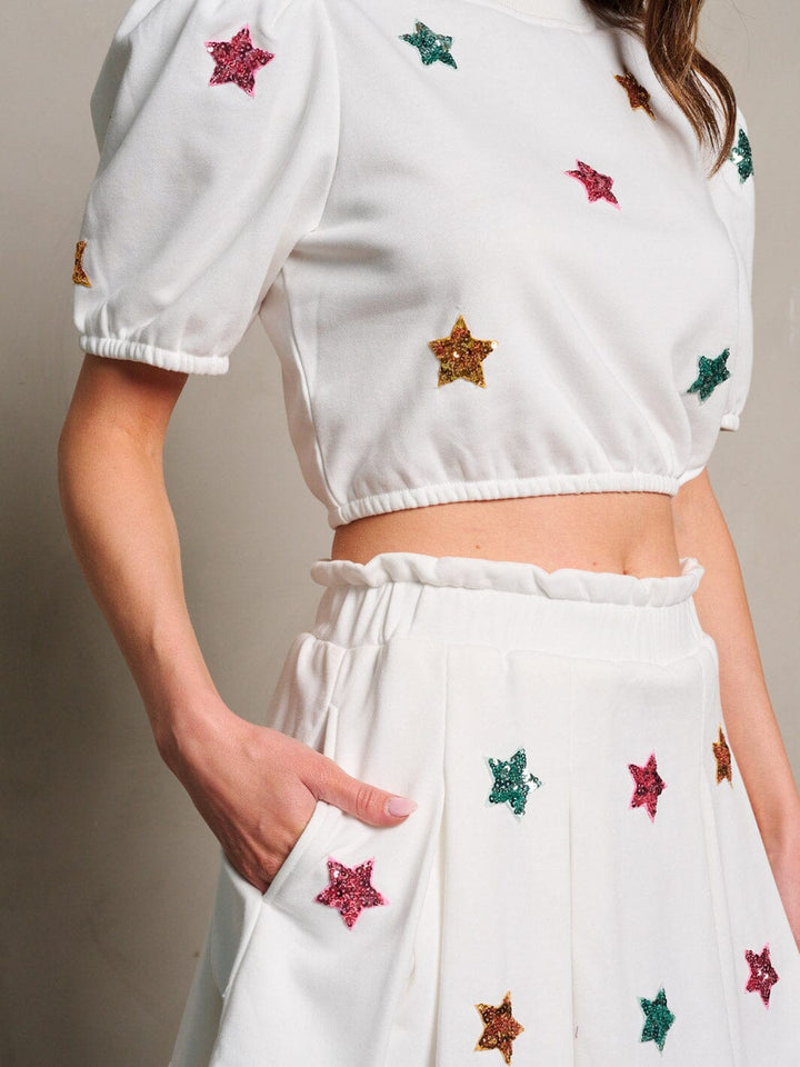 WOMEN'S SHORT PUFF SLEEVE SEQUINS STARS CROP TOP