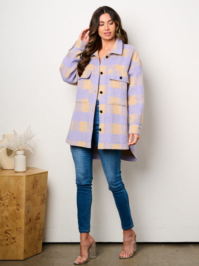 WOMEN'S LONG SLEEVE BUTTON CLOSURE POCKETS COLORBLOCK CHECKERS JACKET