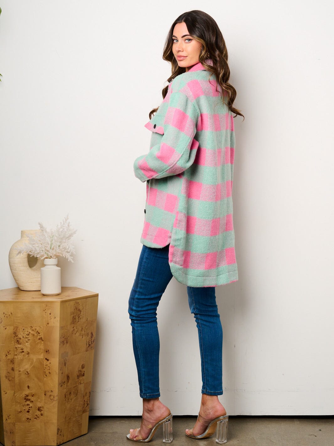 WOMEN'S LONG SLEEVE BUTTON CLOSURE POCKETS COLORBLOCK CHECKERS JACKET