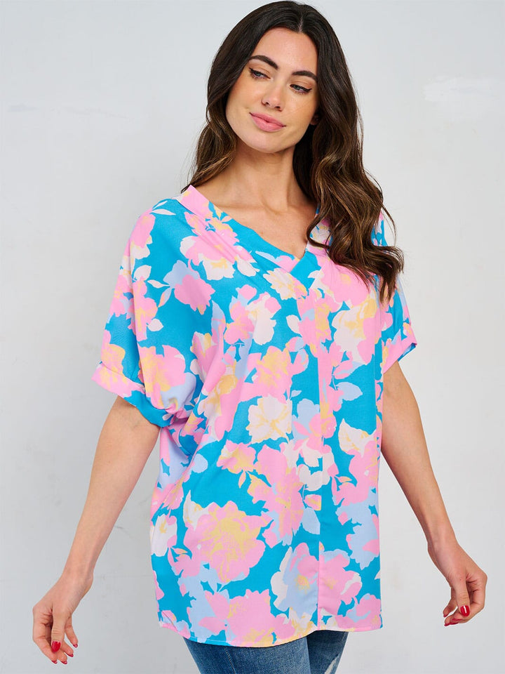 WOMEN'S SHORT SLEEVE V-NECK TUNIC FLORAL BLOUSE