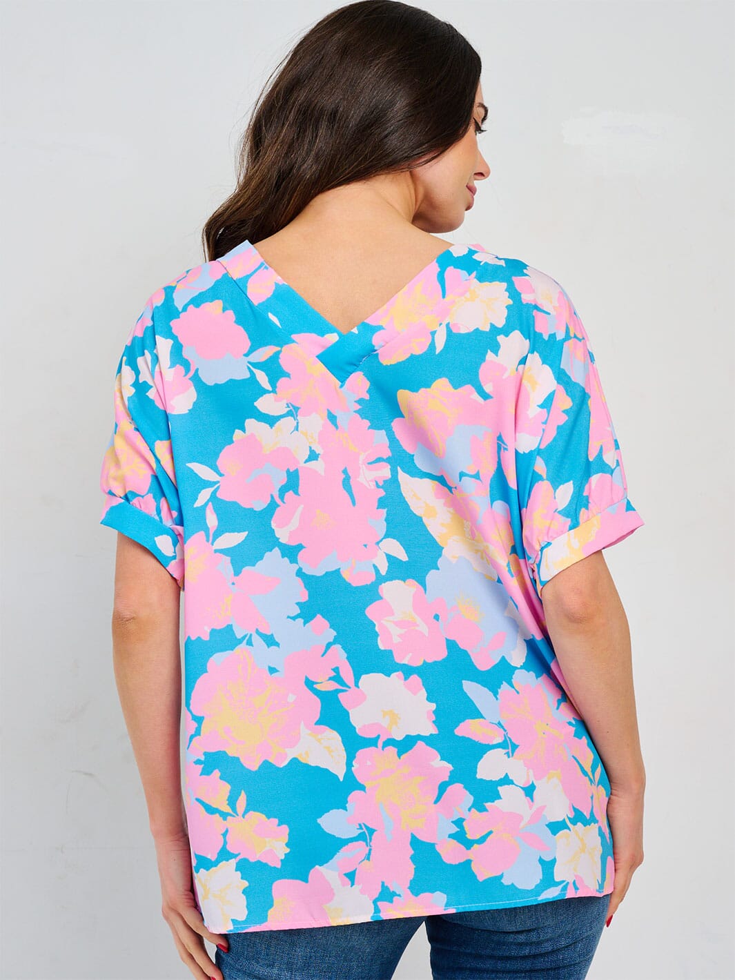 WOMEN'S SHORT SLEEVE V-NECK TUNIC FLORAL BLOUSE