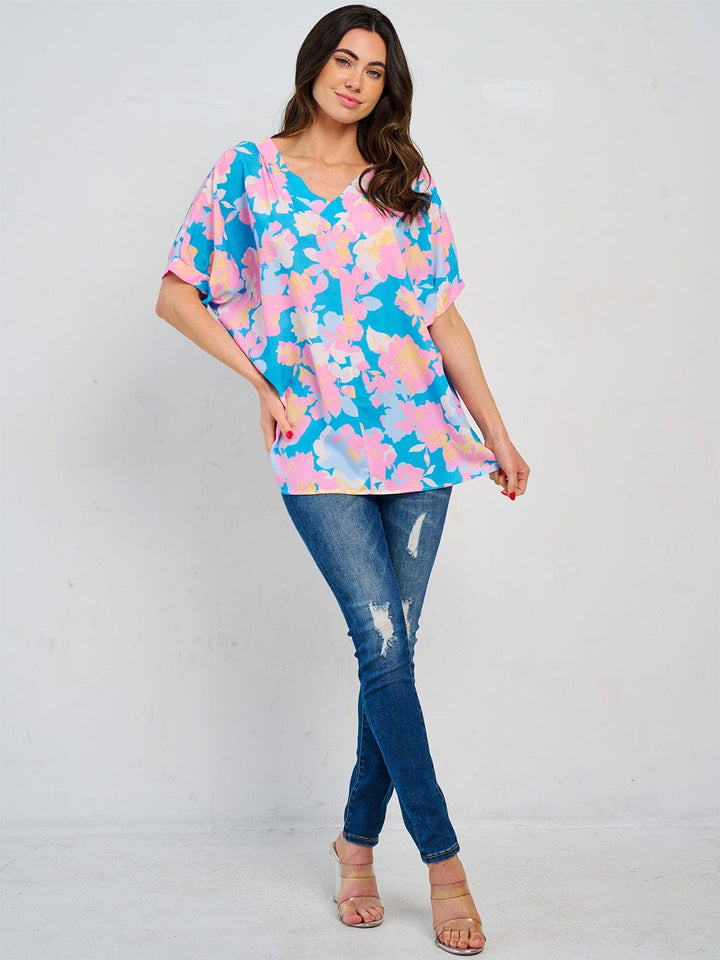 WOMEN'S SHORT SLEEVE V-NECK TUNIC FLORAL BLOUSE