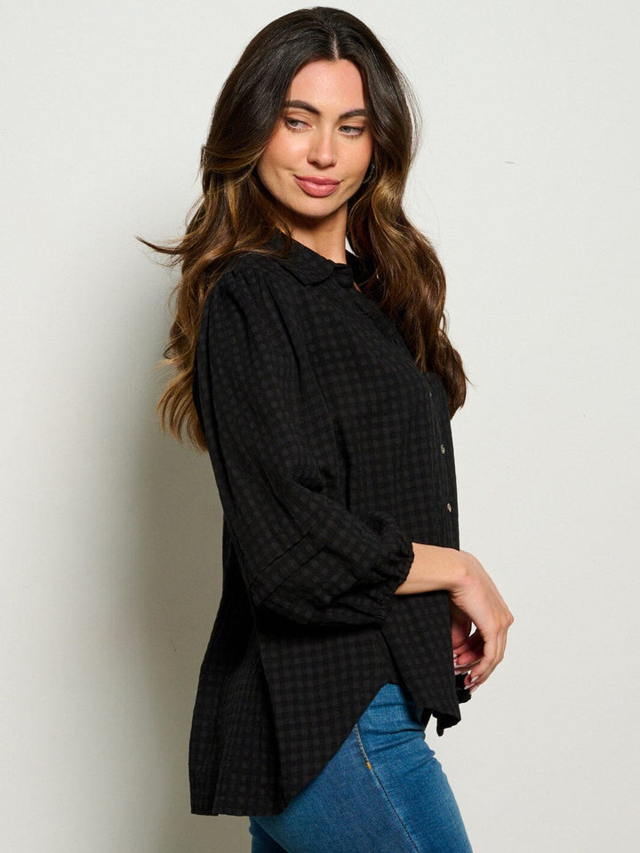 WOMEN'S 3/4 SLEEVES BUTTON UP WAFFLE BLOUSE TOP