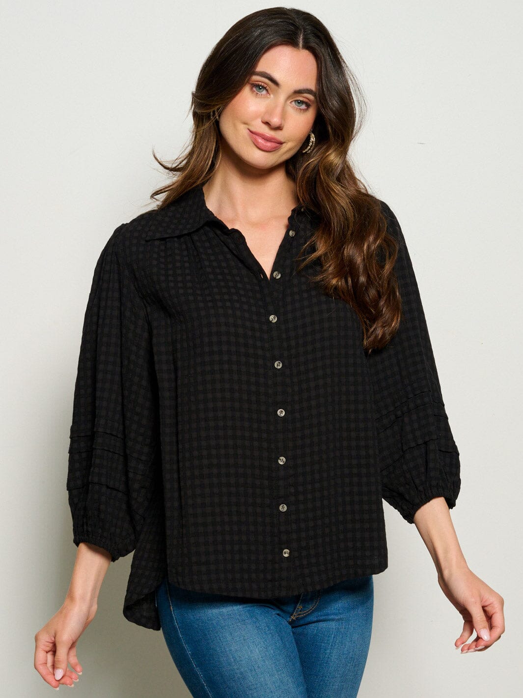 WOMEN'S 3/4 SLEEVES BUTTON UP WAFFLE BLOUSE TOP