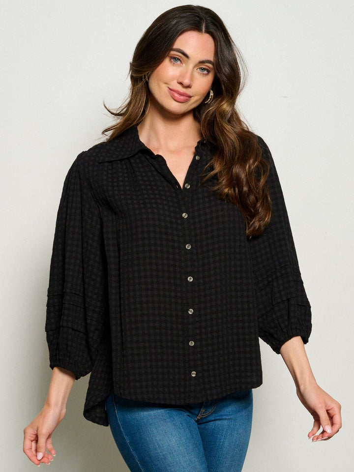 WOMEN'S 3/4 SLEEVES BUTTON UP WAFFLE BLOUSE TOP