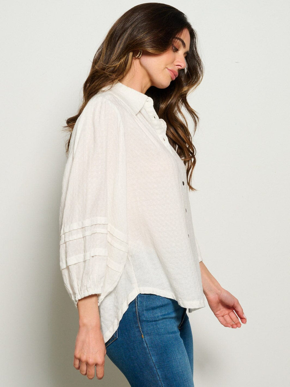 WOMEN'S 3/4 SLEEVES BUTTON UP WAFFLE BLOUSE TOP