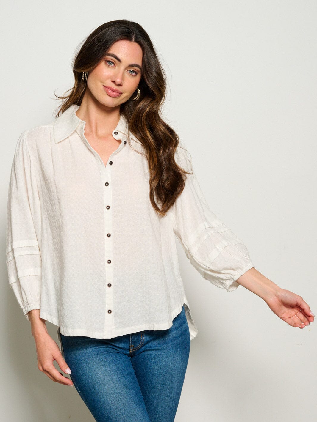 WOMEN'S 3/4 SLEEVES BUTTON UP WAFFLE BLOUSE TOP