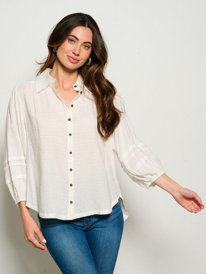 WOMEN'S 3/4 SLEEVES BUTTON UP WAFFLE BLOUSE TOP
