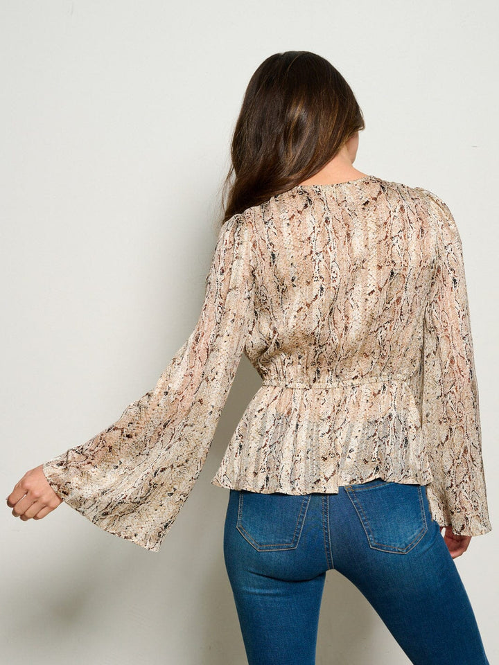 WOMEN'S LONG BELL SLEEVE SURPLICE SELF TIE ANIMAL PRINT BLOUSE TOP