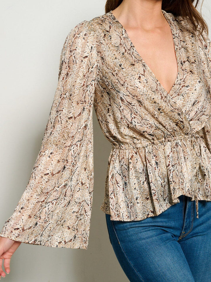 WOMEN'S LONG BELL SLEEVE SURPLICE SELF TIE ANIMAL PRINT BLOUSE TOP