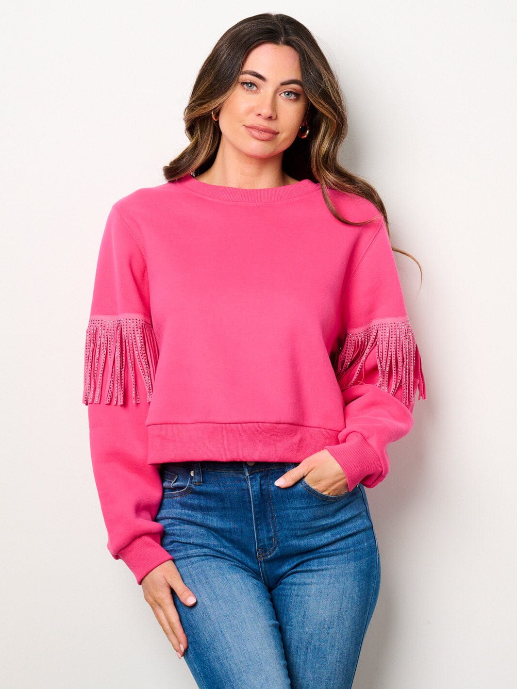 WOMEN'S LONG SLEEVE STUD FRINGE DETAILED PULLOVER SWEATER