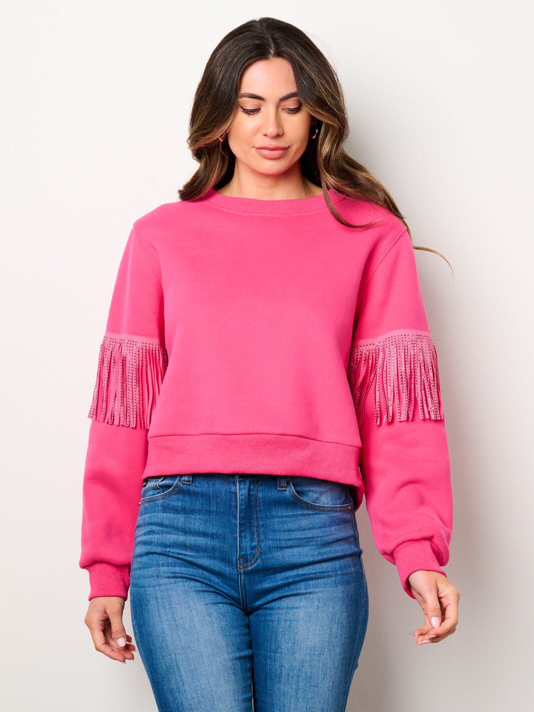WOMEN'S LONG SLEEVE STUD FRINGE DETAILED PULLOVER SWEATER