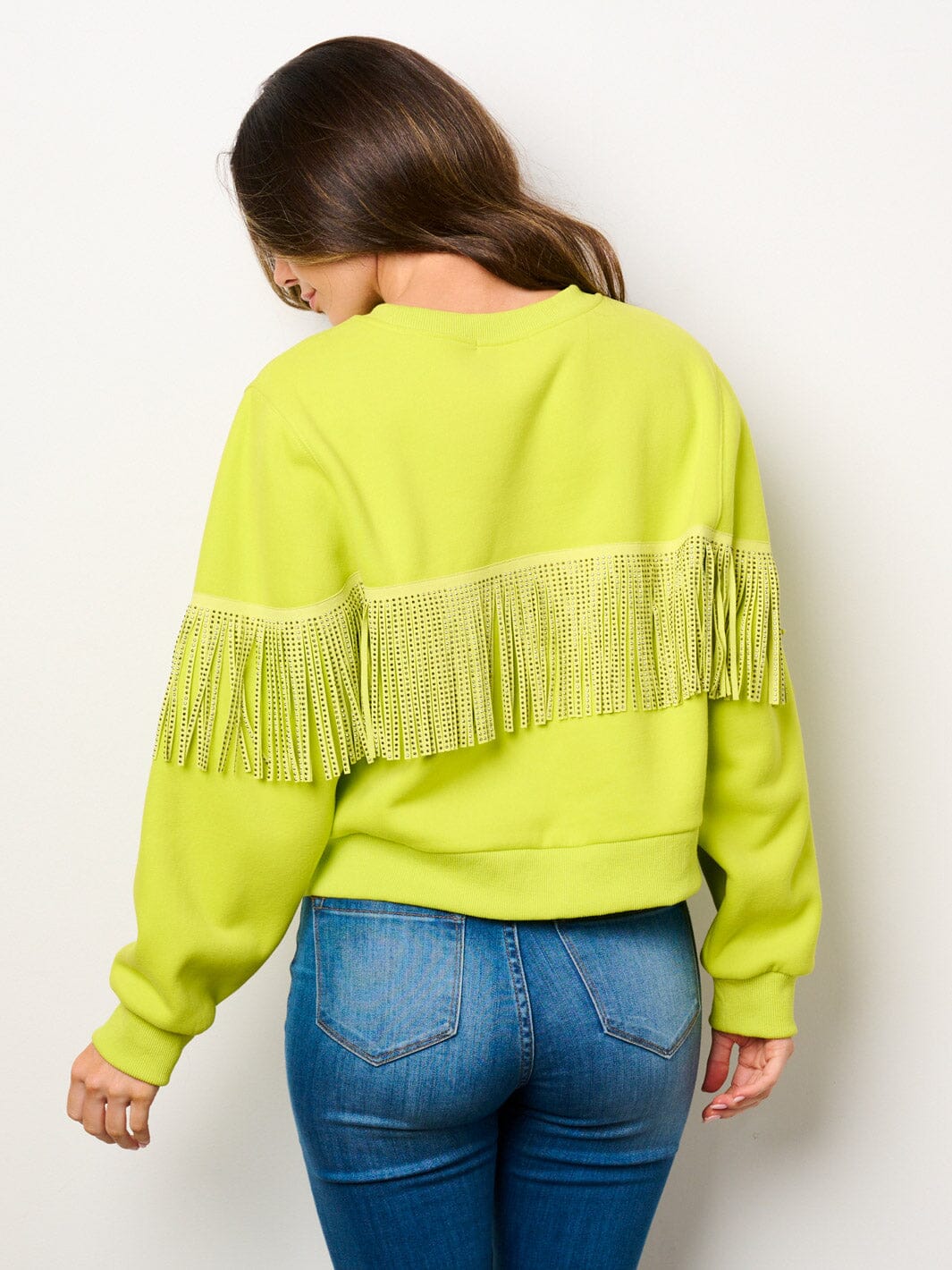 WOMEN'S LONG SLEEVE STUD FRINGE DETAILED PULLOVER SWEATER