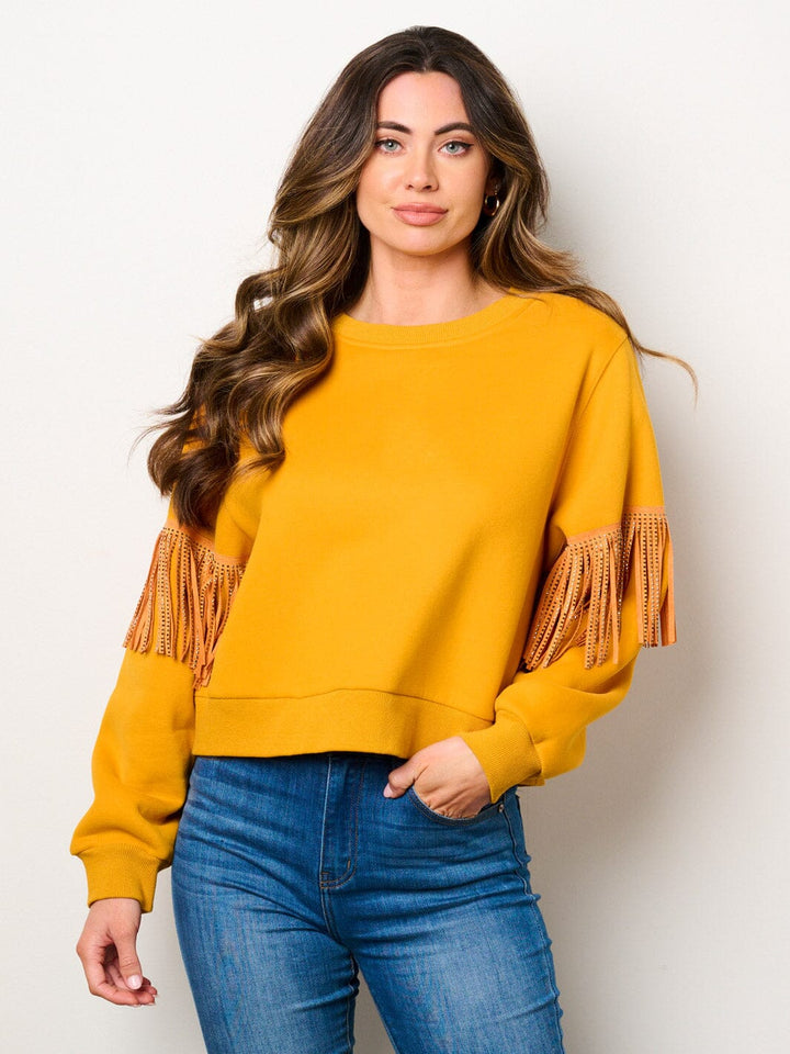 WOMEN'S LONG SLEEVE STUD FRINGE DETAILED PULLOVER SWEATER