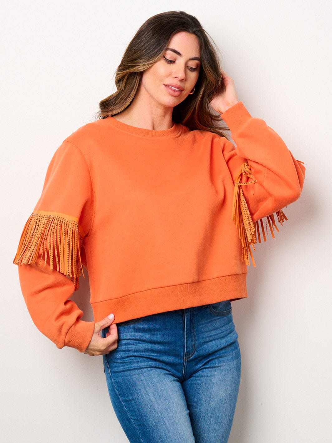 WOMEN'S LONG SLEEVE STUD FRINGE DETAILED PULLOVER SWEATER