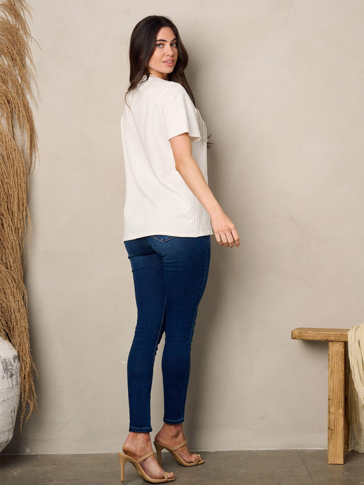 WOMEN'S SHORT SLEEVE SEQUINS DETAILED TOP