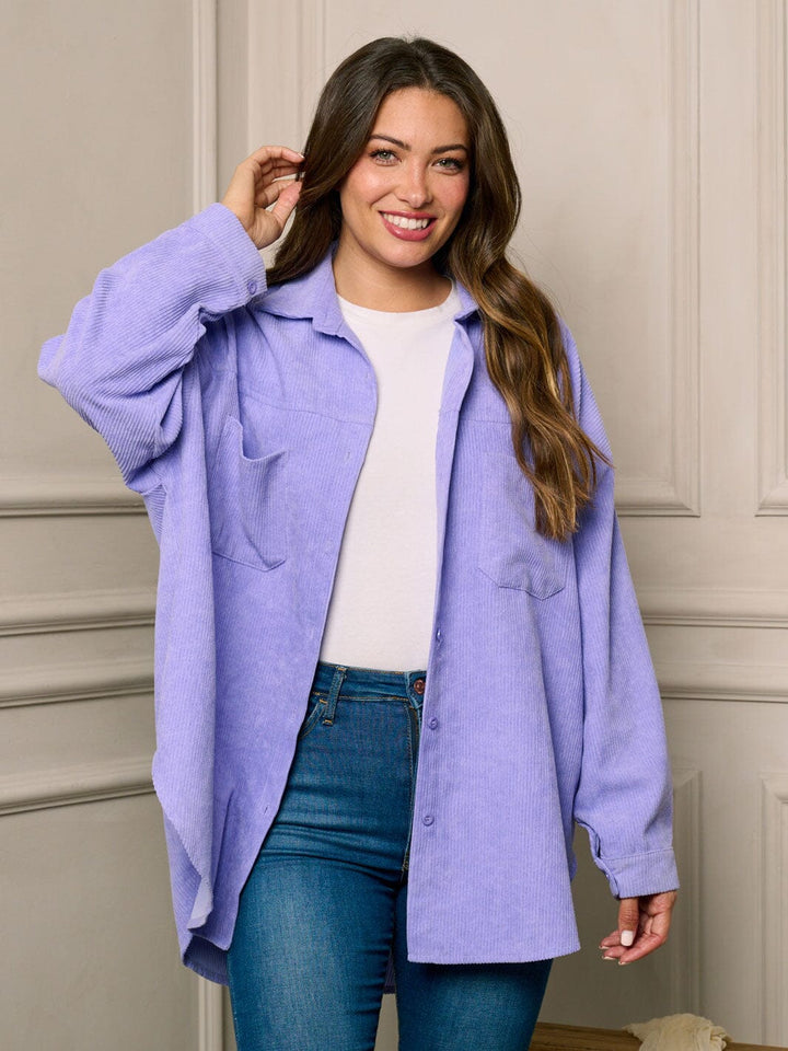 WOMEN'S LONG SLEEVE BUTTON CLOSURE FRONT POCKETS OVERSIZED CORDUROY TOP