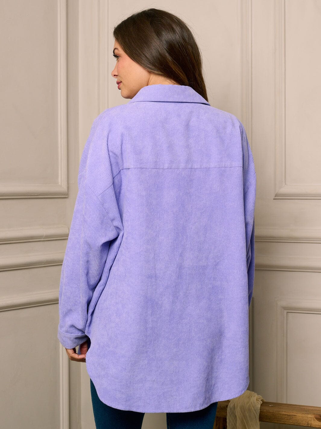 WOMEN'S LONG SLEEVE BUTTON CLOSURE FRONT POCKETS OVERSIZED CORDUROY TOP