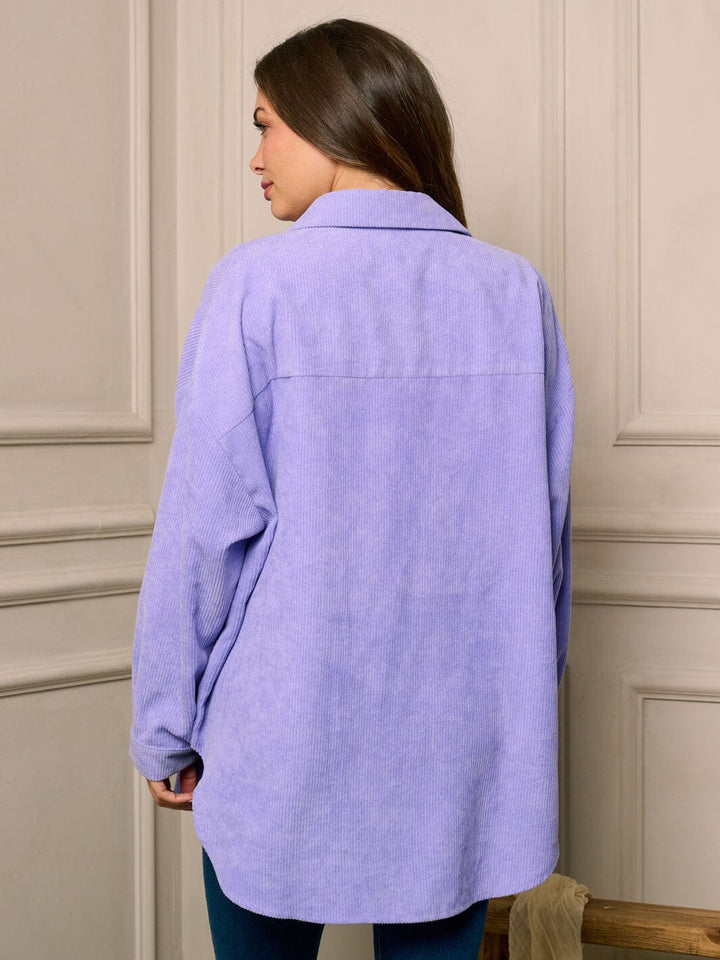 WOMEN'S LONG SLEEVE BUTTON CLOSURE FRONT POCKETS OVERSIZED CORDUROY TOP