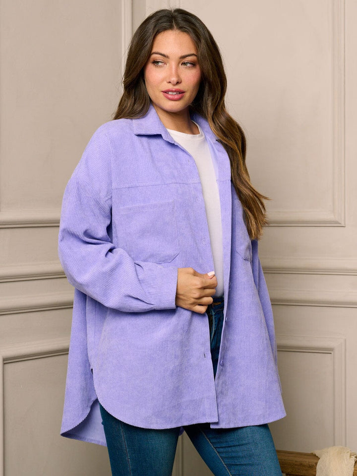 WOMEN'S LONG SLEEVE BUTTON CLOSURE FRONT POCKETS OVERSIZED CORDUROY TOP